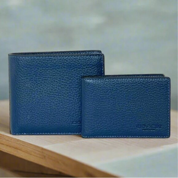 Coach Wallet 3 In 1 Mens Large Blue Leather Billfold ID 2 Piece Removable CR398 - Picture 1 of 9